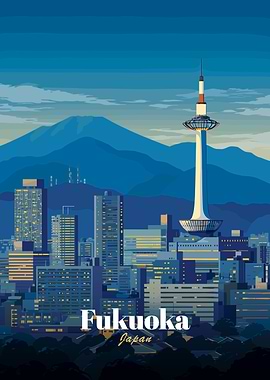 Fukuoka Cityscape with Tower and Mountains