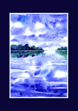 Watercolor Landscape of a Lake and Sky