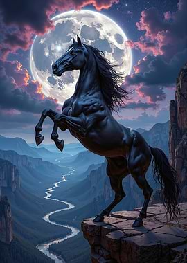 Black Horse Rearing on Cliff Edge