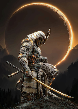 Samurai Warrior Under a Ringed Celestial Body