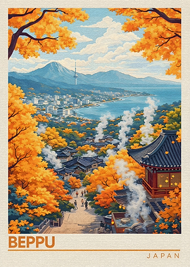 Beppu Japan Autumn Travel Poster