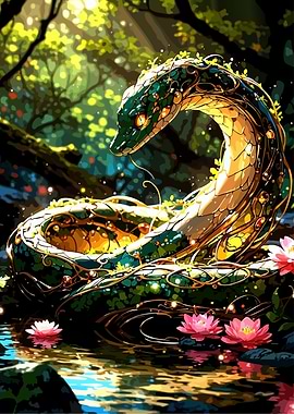 Enchanted Serpent in a Lush Forest Pond