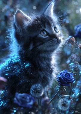 Kitten in a magical blue garden