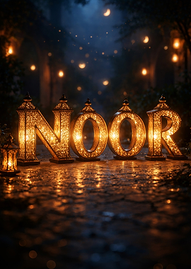 Golden 'NOOR' Text Art with Lanterns
