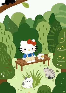 Hello Kitty in a Forest with Kittens