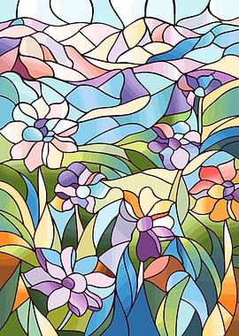 Stained Glass Floral Landscape