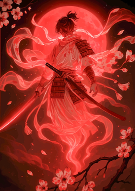Samurai Warrior Under a Red Moon