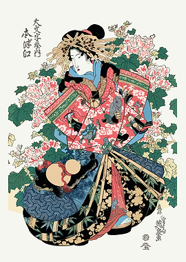 Ukiyo-e Woman with Peonies and Bamboo