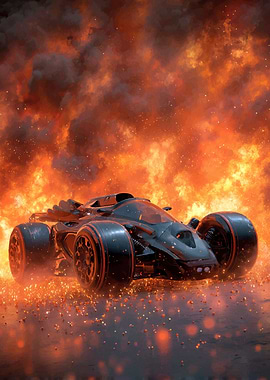 Futuristic Race Car in Flames