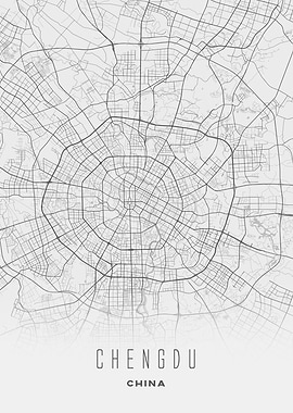Chengdu, China - Minimal White City Streets Map, Wall Art Poster