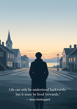 Man in coat looking at sunset over town