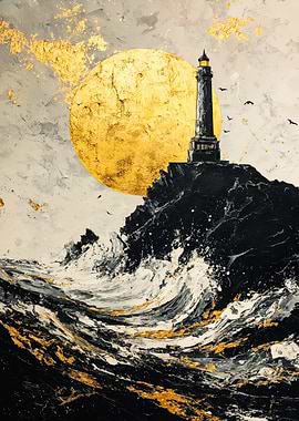 Lighthouse Golden Moon Waves Painting