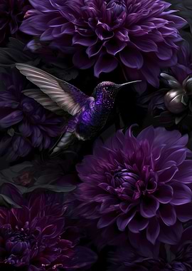 Hummingbird amidst purple dahlias