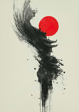 Abstract Black Ink Splash with Red Circle