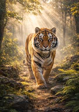Tiger walking in a sunlit forest