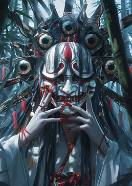 Eerie Masked Figure in Bamboo Forest