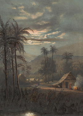 Moonlit tropical village scene