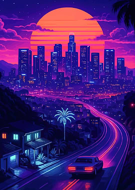 Retro Cityscape with Sunset and Car