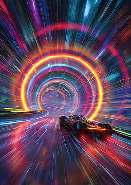 Futuristic Race Car in Neon Tunnel