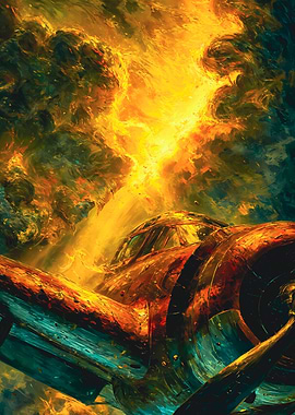 Vintage Plane Fire Nebula Painting