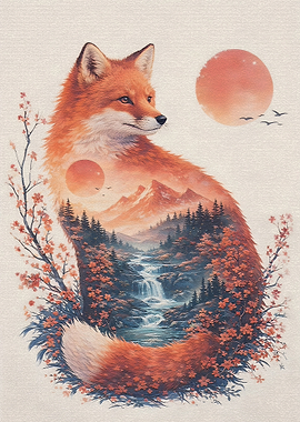 Fox with Landscape Double Exposure