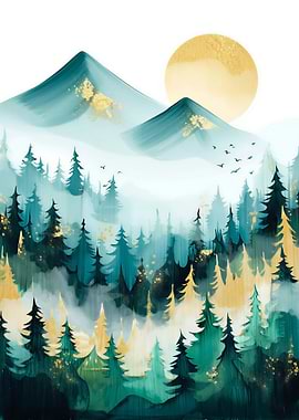 Golden Moon Over Forest Mountains