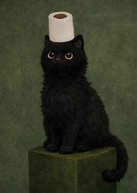 Black Cat with Toilet Paper Hat