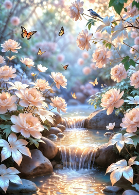 Enchanted Garden Waterfall with Butterflies
