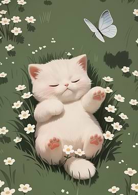 Cute White Kitten Sleeping in Flowers
