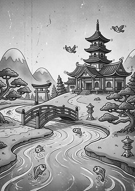 Japanese Pagoda and River Scene