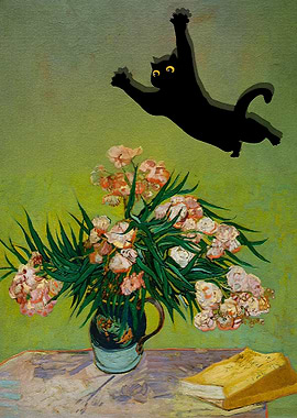 Black cat jumping over flowers