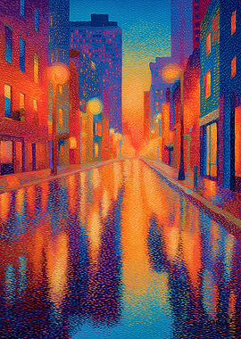 Rainy City Street Pointillism Night Lights Art