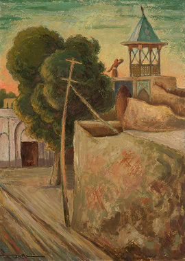 Street scene with a tree and tower