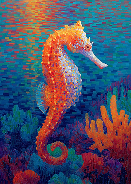 Colorful Seahorse Pointillism Ocean Art