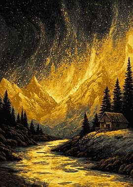 Golden Mountain Landscape Cabin River