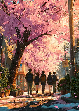 Students walking under cherry blossoms
