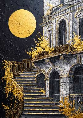 Textured Golden Moon Mansion Painting
