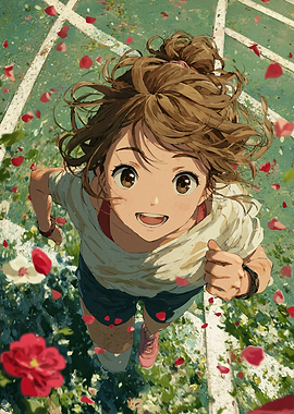 Anime Girl Running Through Flowers