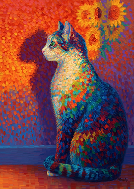 Colorful Pointillist Cat Sunflower Still Life Art