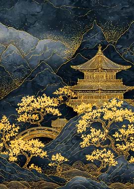 Golden Japanese Pagoda Mountain Landscape