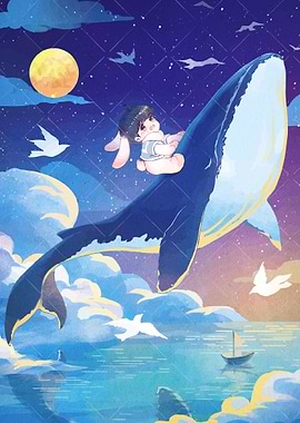Child Riding a Whale in the Night Sky