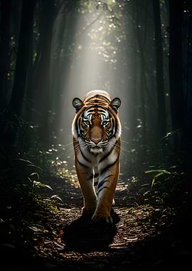 Tiger walking in a misty forest