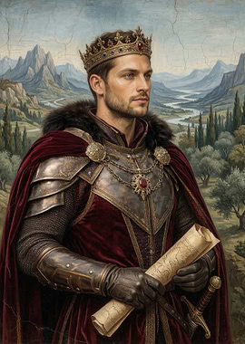 King in Armor with Scroll and Sword