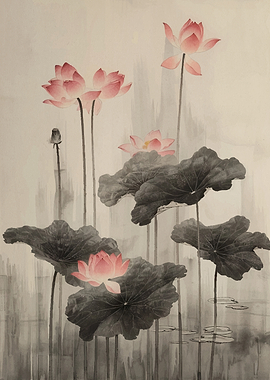 Watercolor Lotus Flowers and Leaves