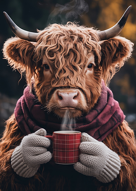 Highland Cow with Coffee