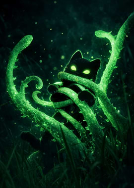 Black Cat Entangled in Glowing Green Vines