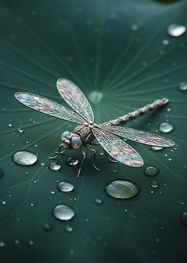 Dragonfly on a wet lotus leaf
