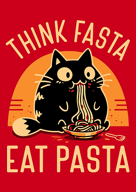 Think Fasta Eat Pasta Poster, Funny Cat Pasta Art, Cute Italian Food Humor Wall Print