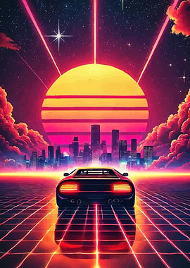 Retro Car Driving Towards Neon Cityscape
