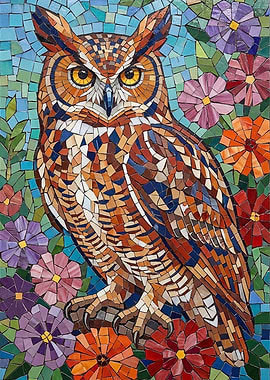 Mosaic Owl with Flowers